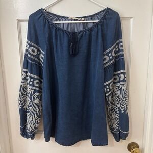 Soft Surroundings Denim Blue Embroidered‎ Boho Artsy Oversize Peasant Top S